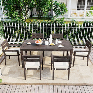 English Elm U_style Solid Acacia Wood Patio Dining Set Six Stackable Chairs Cushions Modern Outdoor Gray WY000459AAE