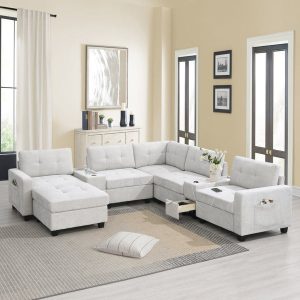 English Elm [new U-shaped Chenille Sectional Six Seat Tufted Couch with Usb Charging Storage Light Gray N723S1191K