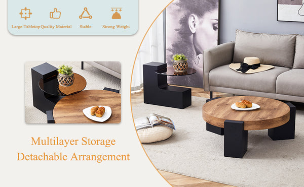 English Elm Modern Double-Layer Round Coffee Table with Detachable Top, Tinted Glass & Wood MDF Shelf, Black L-Legs (30.7") W1151P209571