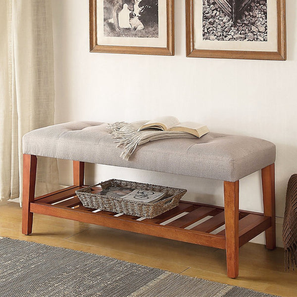 English Elm Fabric Upholstered Bench with Tufted Padded Seat, Open Lower Shelf, Tapered Wood Legs, 43"L Light Gray,Oak B016P311079