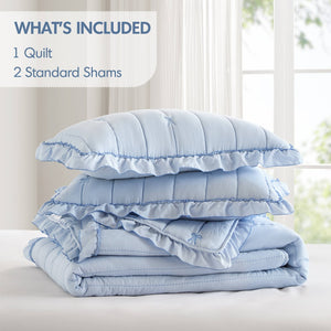 English Elm 3-piece Reversible Microfiber Quilt Set Bow Embroidery Ruffled Trim Romantic Bedroom Blue B035P482883