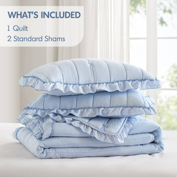 English Elm 3-piece Reversible Microfiber Quilt Set Bow Embroidery Ruffled Trim Romantic Bedroom Blue B035P482883