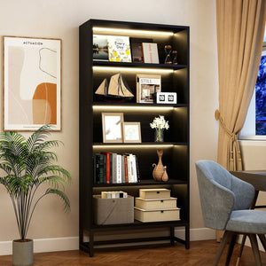 English Elm Tall Five Tier Bookcase with Led Shelf Lighting White Mdf Frame Living Room Display W3204P454081