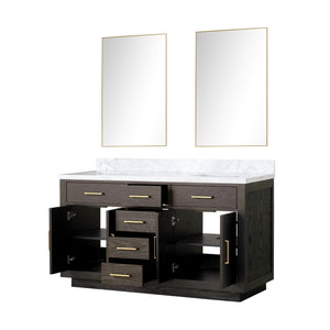 English Elm Brown Oak Double Bath Vanity Set With Carrara Marble Top & Mirrors – Elegant 60" Design For Luxury B2731S01531