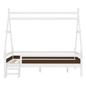 English Elm Twin House Shaped Platform Bed Solid Pine Frame with Built in Stairs for Kids Light White W1580P354720