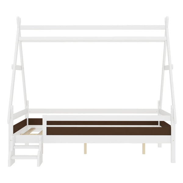 English Elm Twin House Shaped Platform Bed Solid Pine Frame with Built in Stairs for Kids Light White W1580P354720