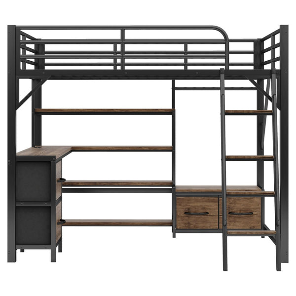 English Elm Queen Size Loft Bed With Desk & Led Lighting - Stylish Metal Bed With Storage & Workstation For Small Spaces W2593S00041-GIGA