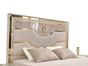 English Elm Omari Modern 4-Piece Queen Bedroom Set With Hydraulic Storage Bed & Gold Accents In Elegant Beige B009S01395