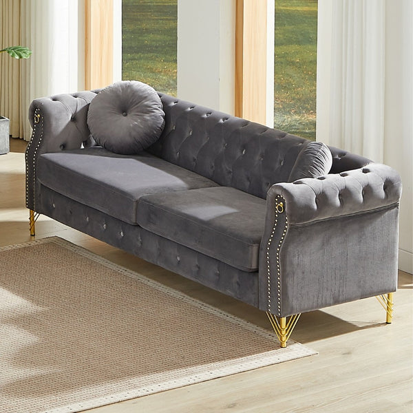 English Elm 82-inch Velvet Chesterfield Sofa Tufted Button Back with Copper Studs and Gold Metal Legs Grey W834S00618