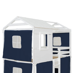 English Elm Twin Treehouse Bunk Bed Solid Pine Playhouse Frame with Cozy Canvas Tent Hideaway LT000379AAC-1