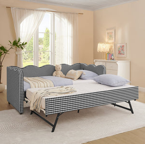 English Elm Cozy Twin Gingham Daybed with Trundle Sofa Bed, Linen Upholstery, USB Port, Wave Frame Design Black W1413S00102