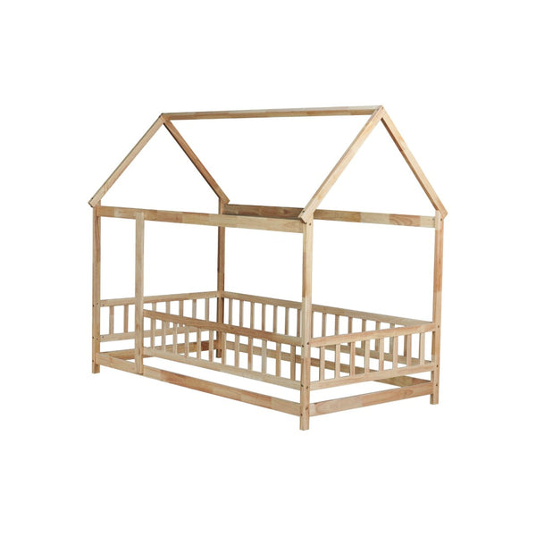 English Elm Twin House Frame Floor Bed Rubberwood with Roof Canopy and Safety Rails for Kids Natural W504P429345