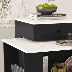 English Elm Kitchen Island Marble Veneer Retro Style Rotating Expandable Top Built-in Outlets Mdf Black W2700S00119