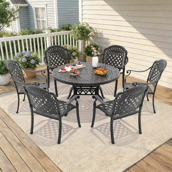 English Elm 7-ppiece Cast Aluminum Outdoor Dining Set Floral Carved Patio Furniture Black Frame W1710S00554