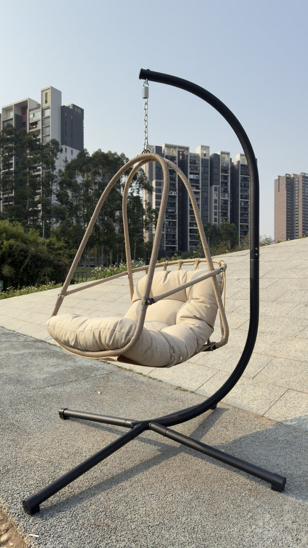 English Elm Swing Egg Chair With Stand – Cozy Indoor/Outdoor Wicker Patio Basket With Cup Holder & Cushions! W2707P296436-GIGA