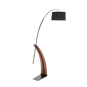 English Elm Mid-century Modern Arc Floor Lamp with Bentwood Base and Black Linen Reading Shade B202S02209