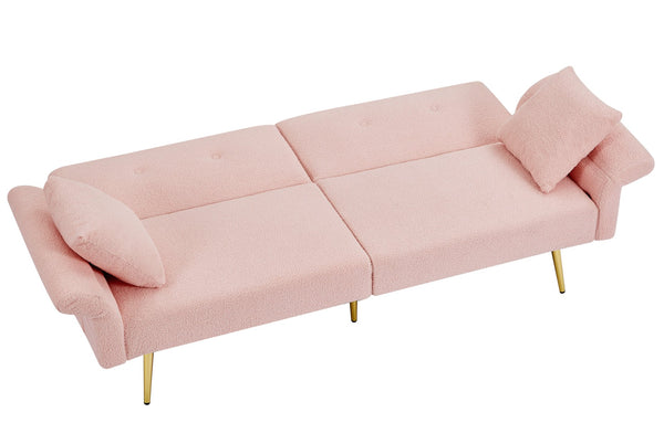 English Elm Modern Teddy Upholstered Loveseat Sofa Bed with Adjustable Backrest, Foldable Armrests & Gold Legs Pink W1117P303443