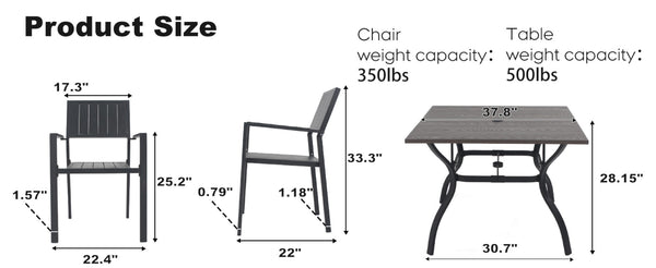 English Elm 5‑piece Outdoor Patio Dining Set Square Iron Table with Wood Grain Finish and Slat Chairs Black W3979S00049