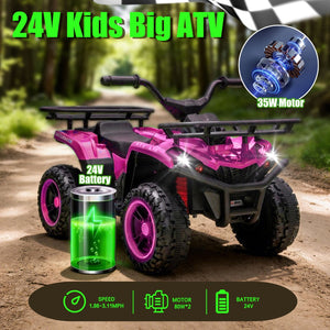 English Elm 24v Dual Motor Kids Atv Ride on with Led Lights Bluetooth Storage Racks Off Road Pink W1578P390450