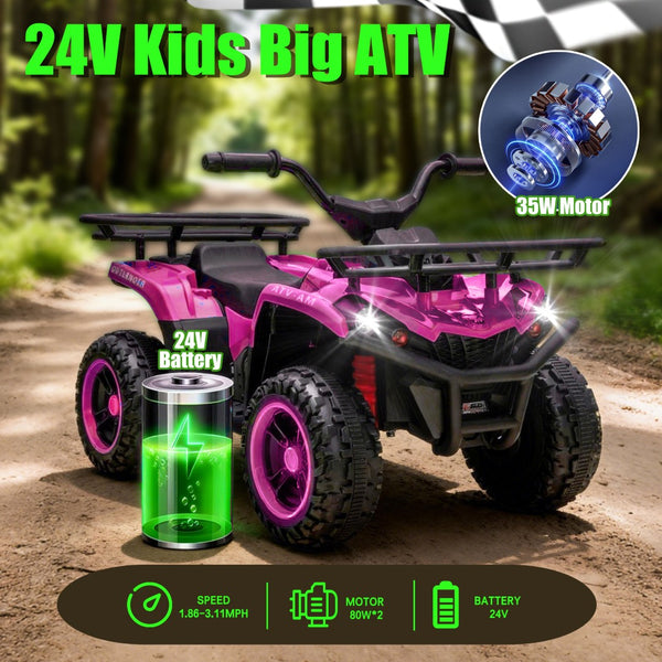 English Elm 24v Dual Motor Kids Atv Ride on with Led Lights Bluetooth Storage Racks Off Road Pink W1578P390450