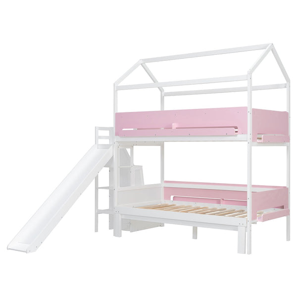 English Elm House-shaped Pine Bunk Bed with Built-in Slide Storage Staircase Twin Over Full Kids Frame White+Pink N820S00082K