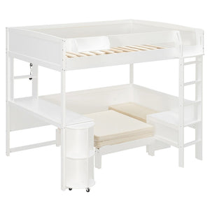 English Elm Full Size Loft Bed with Rotating Desk Led Lighting Sofa and Bookshelf Storage White LT000200AAK