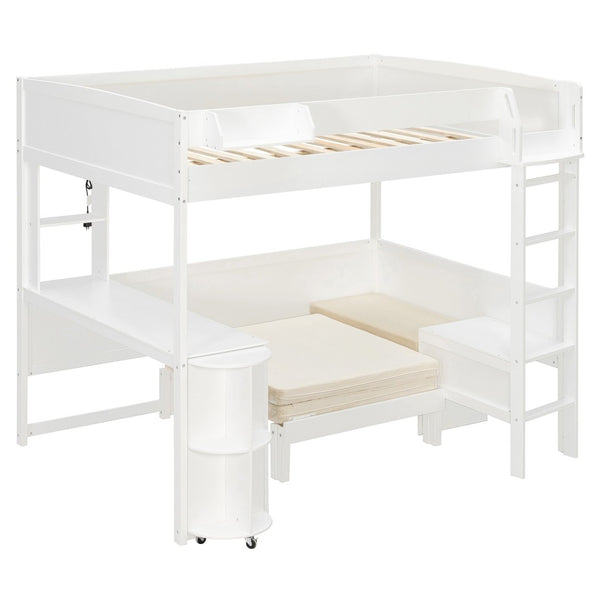 English Elm Full Size Loft Bed with Rotating Desk Led Lighting Sofa and Bookshelf Storage White LT000200AAK