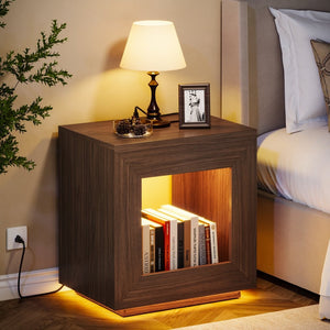 English Elm Rustic Wood End Table With 2-Tier Design, Integrated Charging & Led Lighting For Stylish Storage W1550P330031-GIGA