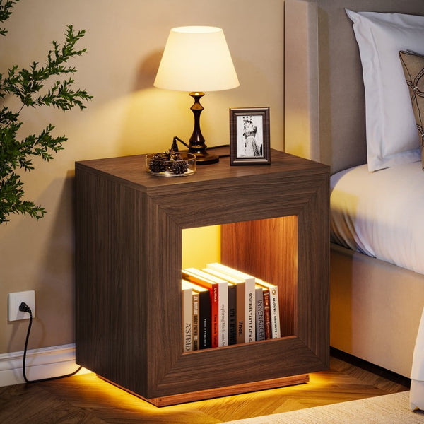 English Elm Rustic Wood End Table With 2-Tier Design, Integrated Charging & Led Lighting For Stylish Storage W1550P330031-GIGA