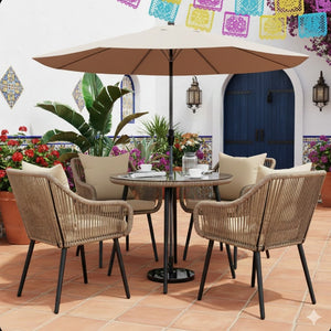 English Elm 5-piece Outdoor Wicker Patio Dining Set with Tempered Glass Table and Umbrella Hole Beige+Brown B082S00074