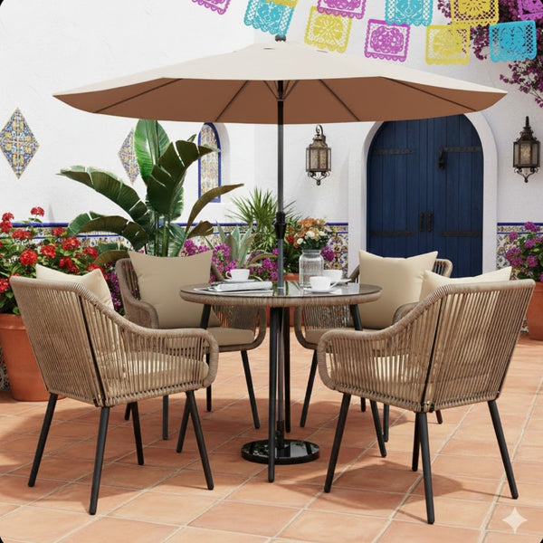 English Elm 5-piece Outdoor Wicker Patio Dining Set with Tempered Glass Table and Umbrella Hole Beige+Brown B082S00074