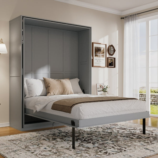 English Elm Rotating Queen Murphy Wall Bed with 14 Open Shelves Hydraulic Lift Space Saving Gray LP000962AAE