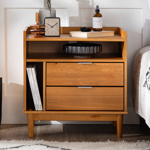 English Elm Walker Edison - Mid-Century Solid Pine 2-Drawer Gallery Nightstand with Tray Top, Open Cubby & Metal Pulls Caramel 28 L x 21 W x 7 H B185P168987