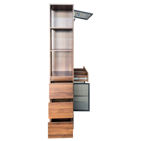 English Elm 70.87"h Tall Storage Cabinet Glass Panel Doors Asymmetric Drawers Modern Hallway Organizer W331S00205