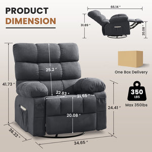 English Elm Swivel Rocker Recliner Ergonomic Glider Chair with Storage Pockets for Small Spaces W1521P479289