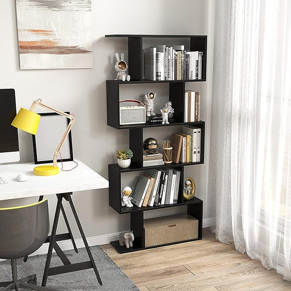 English Elm Five tier minimalist white bookshelf with five shelves for modern storage, durable engineered wood design Black W2139P288171