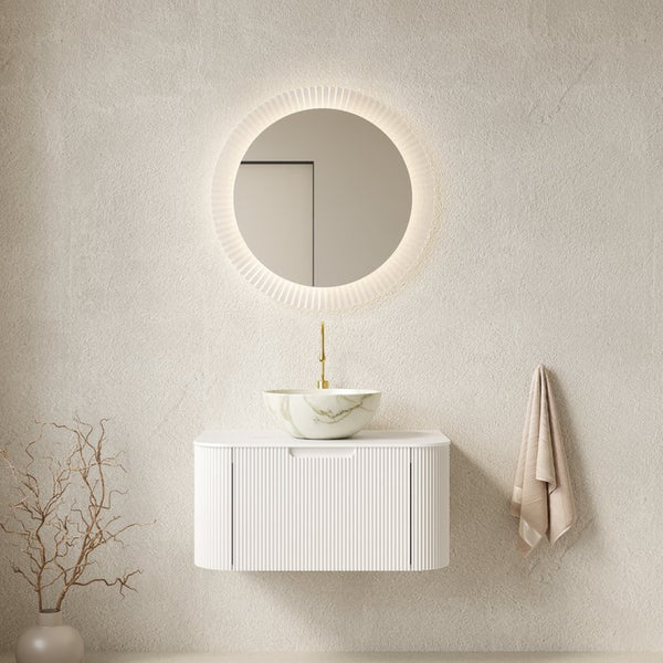 English Elm Muri Floating Bathroom Vanity Plywood Cabinet Sintered Stone Top Oak Drawer W2615S00718