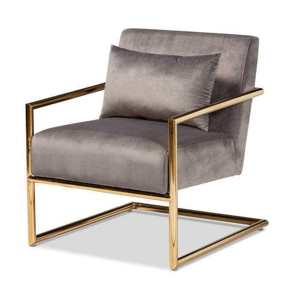 Baxton Studio Baxton Studio Mira Luxe Grey Velvet Lounge Chair with Gold Metal Frame - Modern Glam Home Accent TSF-60458-Grey Velvet/Gold-CC