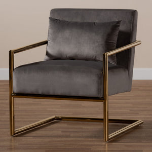 Baxton Studio Baxton Studio Mira Luxe Grey Velvet Lounge Chair with Gold Metal Frame - Modern Glam Home Accent TSF-60458-Grey Velvet/Gold-CC