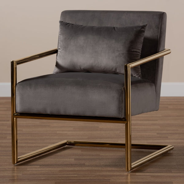 Baxton Studio Baxton Studio Mira Luxe Grey Velvet Lounge Chair with Gold Metal Frame - Modern Glam Home Accent TSF-60458-Grey Velvet/Gold-CC