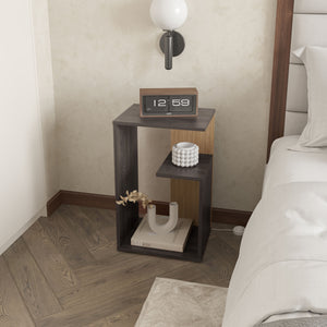 English Elm FM Vega Side Table Melamine Espresso & Natural Oak – Compact 3-Room Nightstand with Open Shelves, Sturdy Storage, 24.9"H B128P293871