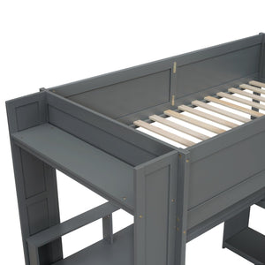English Elm Wood Twin Loft Bed with Desk Led Lighting Charging Ports and Multi-zone Storage SM000373AAE