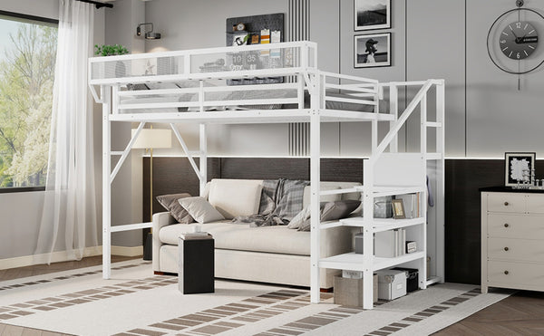English Elm Twin Xl Loft Bed With Stairs, Storage Shelves & Wardrobe - Space-Saving Metal Bed For Kids & Teens W2580S00050-GIGA