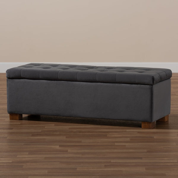 Baxton Studio Baxton Studio Modern Grey Velvet Storage Ottoman Bench with Grid-Tufted Design & Walnut Legs BBT3101-Grey Velvet/Walnut-Otto