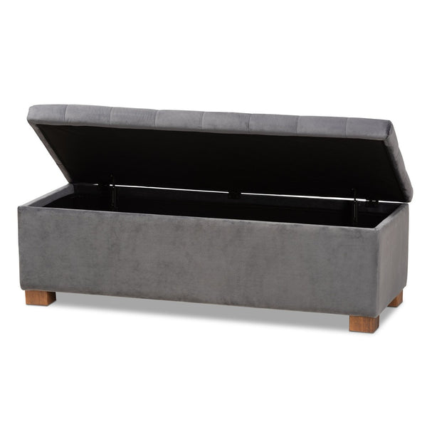 Baxton Studio Baxton Studio Modern Grey Velvet Storage Ottoman Bench with Grid-Tufted Design & Walnut Legs BBT3101-Grey Velvet/Walnut-Otto
