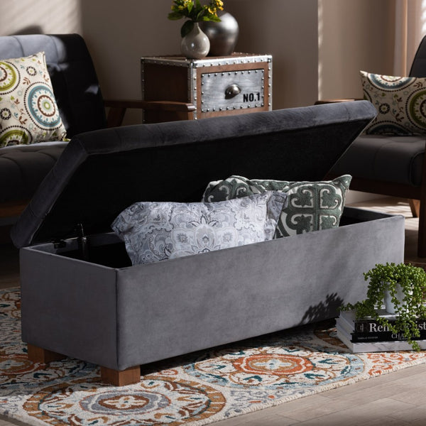 Baxton Studio Baxton Studio Modern Grey Velvet Storage Ottoman Bench with Grid-Tufted Design & Walnut Legs BBT3101-Grey Velvet/Walnut-Otto