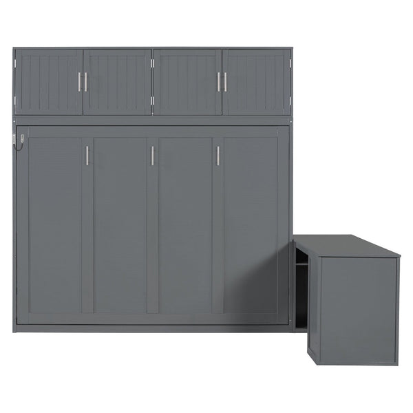 English Elm Queen Size Wall Murphy Bed With Desk, Storage Cabinets & Hydraulic Lift – Elegant Gray Design N820S10034E-GIGA