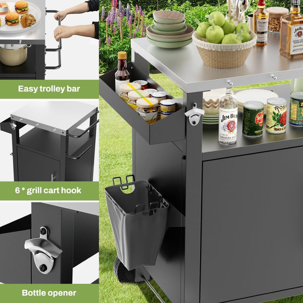 English Elm Outdoor Rolling Bbq Grill Station with Stainless Steel Top Cabinet and Tool Storage W3190P271486