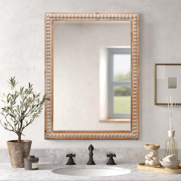 English Elm 22x30 Wood Framed Mirror Antique Natural Farmhouse Wall Mounted Rectangle Vanity Mirror with Beaded Trim for Bathroom Bedroom Hallway W2295P290649