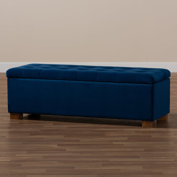 Baxton Studio Baxton Studio Modern Velvet Storage Ottoman Bench with Grid-Tufted Top and Walnut Legs for Style Navy BBT3101-Navy Velvet/Walnut-Otto